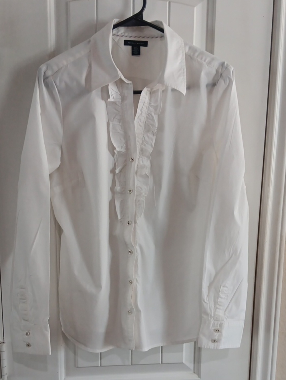 Tommy Hilfiger White Ruffle Front Button Down Shirt Blouse L 510519 August 2010